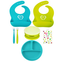 EVLA's Baby Feeding Set, Silicone Bib, Plates, Bowls, Spoons, Green  Turquoise