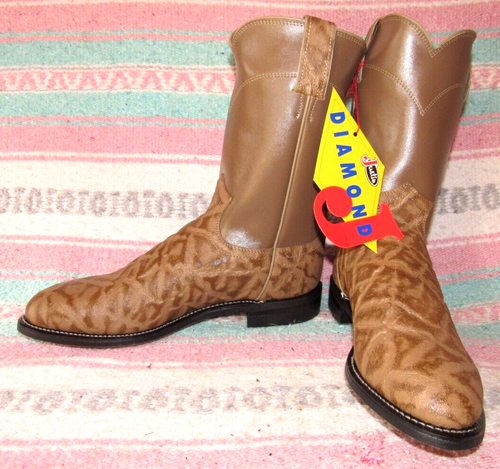 Mens Justin Diamond J Beige Elephant PRINT Leather Roper Cowboy Boots 8 ...