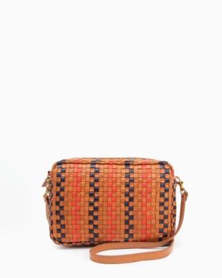 Clare V. Marisol Woven Crossbody Bag Navy Red Tan Woven Check