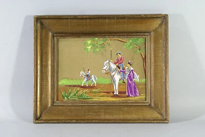TABLEAU PEINT SUR TISSU, encadré et signé, Camargue, arlésienne,chevaux,gardians - Photo 1/3