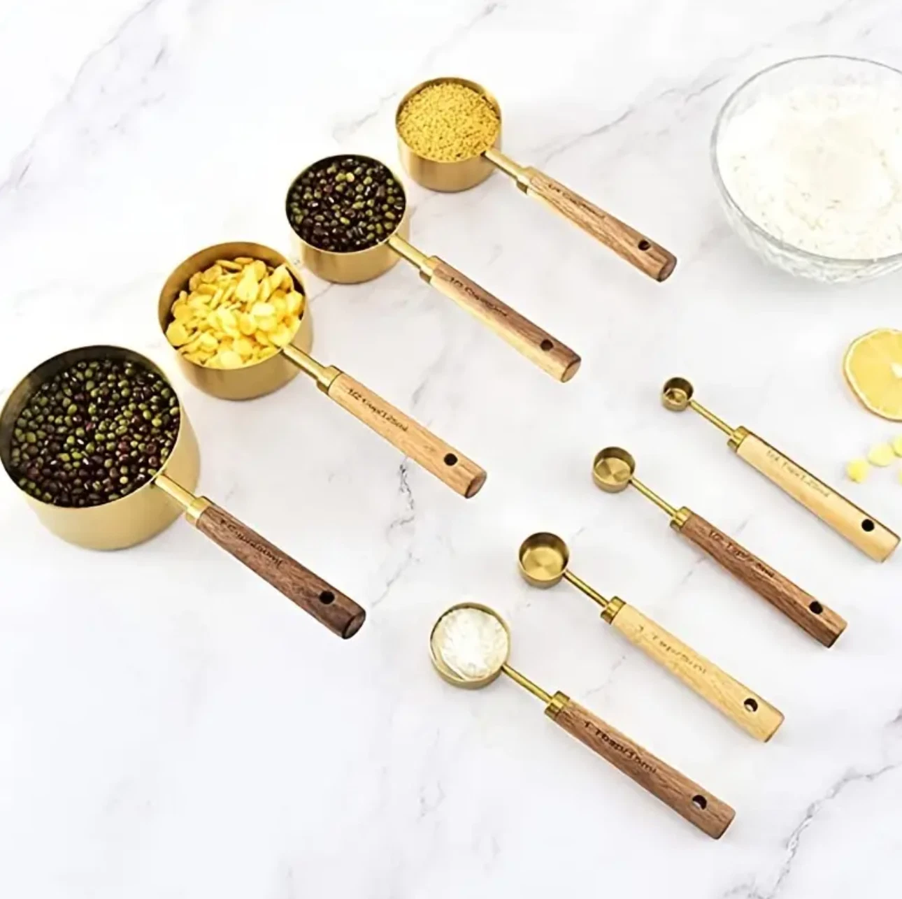 Measuring Cups And Spoons Set, Stainless Steel With Wood Handle