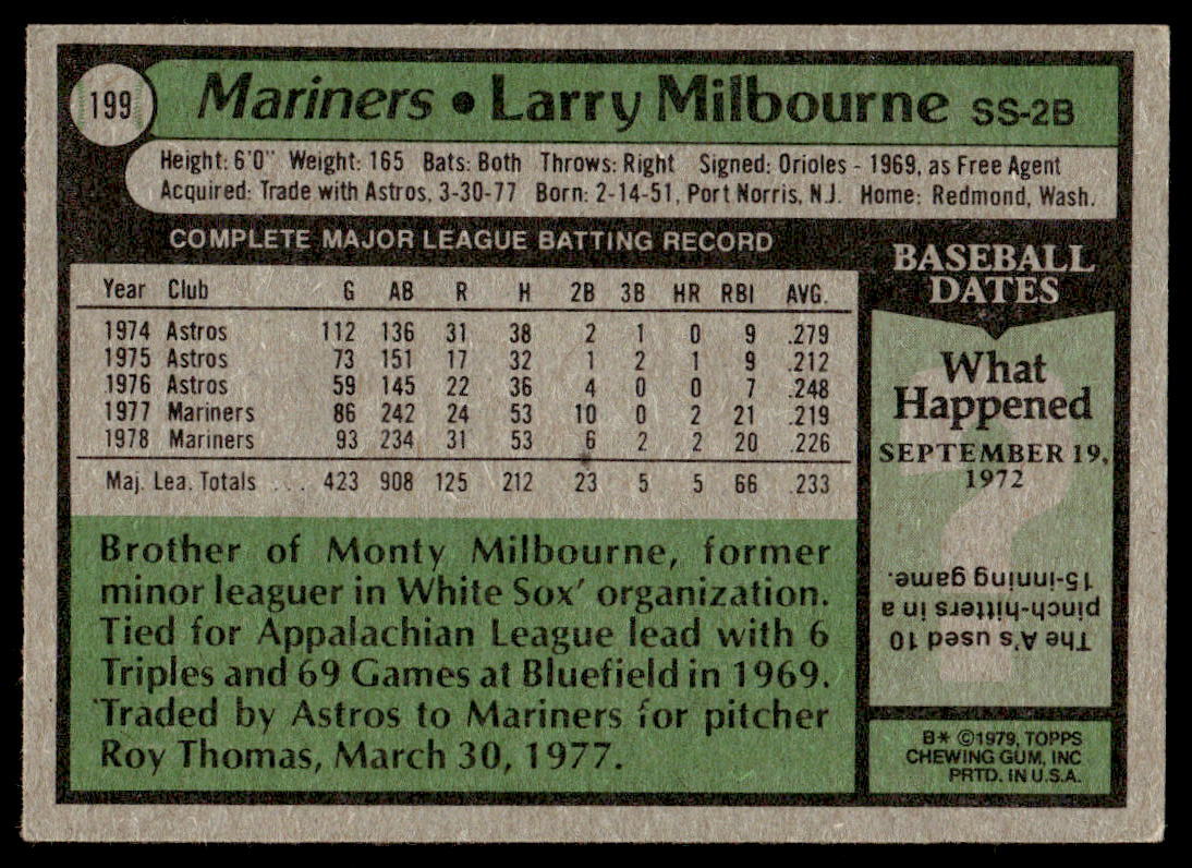 1979 Topps 199 Larry Milbourne Seattle Mariners Baseball Card eBay