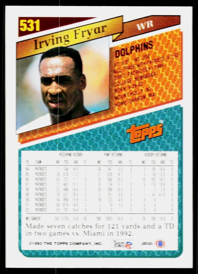Irving Fryar, 1993 Topps, #531, Miami Dolphins, - Image 2 of 2