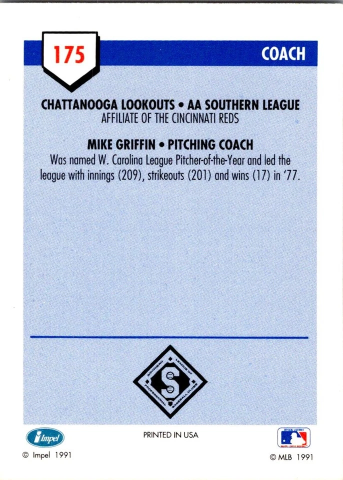Mike Griffin 1991 Line Drive AA #175 Chattanooga Lookouts - Image 2 of 2
