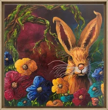 Between the Blooms – 24x24 Floral Rabbit Oil Acrylic Artwork by M. Isaksen