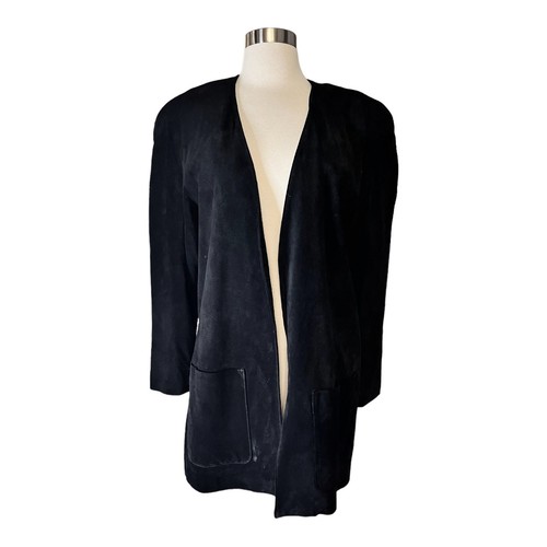 LORD & TAYLOR Suede Coat Black Open Leather Designer Boxy Pockets Korea 6 EUC - Picture 8 of 9