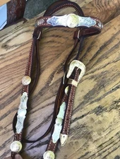 USED QUALITY TOOLED LEATHER CUSTOMED SILVER AND GOLD PLATED SHOW HEADSTALL