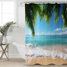 Ocean Beach Palm Tree Tropical Waterproof Fabric Shower Curtain Hooks 48x72"