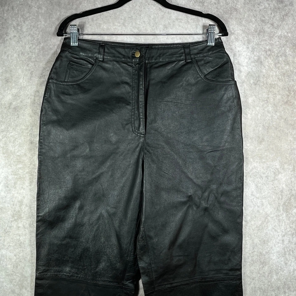 Pantalones de cuero estilo Metro para mujer 12T negros tobillo recto tiro alto motociclista Foto 2 de 4