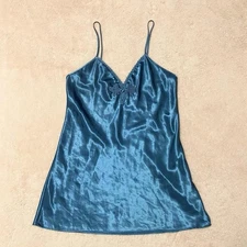 Vintage 80s Teal Satin Slip Dress Night Gown Val Mode Lingerie Grunge Fairy Y2K