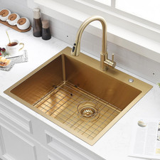 Brushed Gold 25x22 Stainless Steel Drop-in Kitchen Sink - Single Bowl 16 Gauge