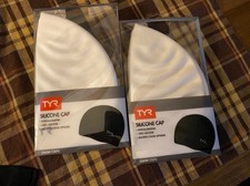 TYR Silicone Hypoallergenic No Wrinkle White Adult Swim Caps. Two. NWT.
