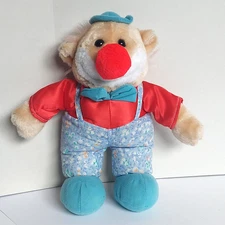 Vintage Circus Clown Big Red Nose w/ Pink Hair Blue Hat & Bow 13.5" Plush!