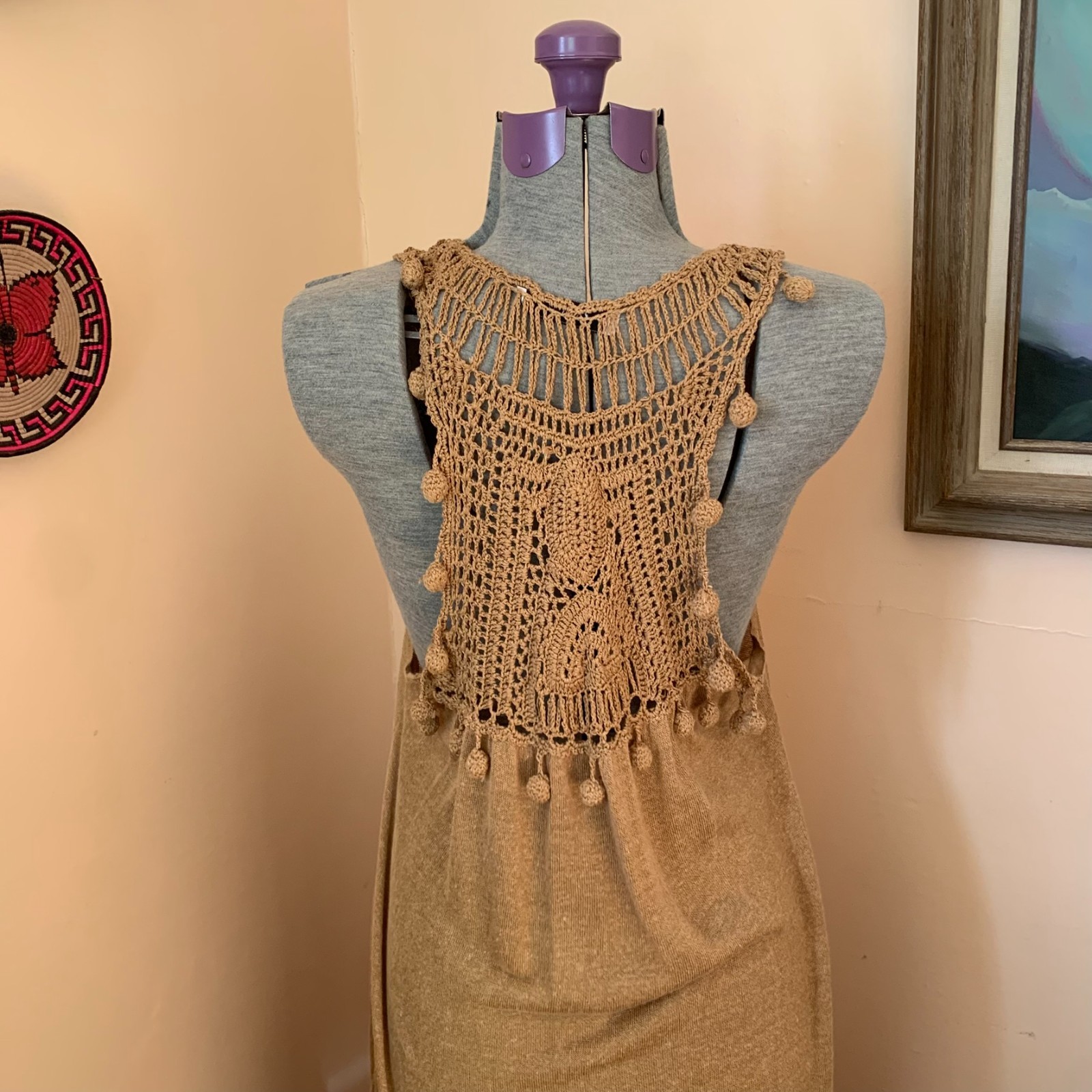 ZARA S Maxi Dress Crochet Yoke Linen Blend Sand Tan Boho Festival Beach Resort thumbnail 5