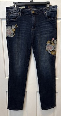 Kut from the Kloth Catherine Boyfriend Jeans Floral Embroidered Sz 10 Dark Wash