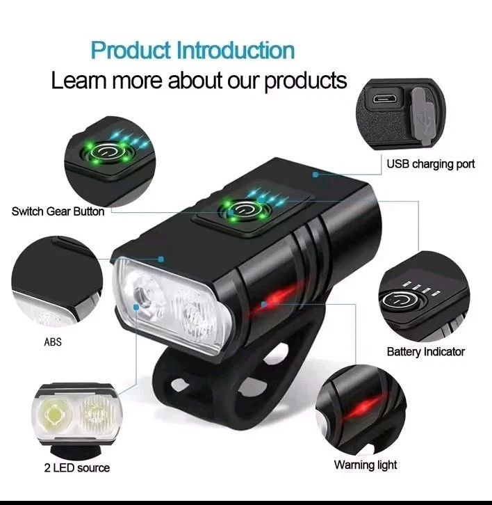 Luce Anteriore per Bici Bicicletta Fanale Anteriore Faro Manubrio Carica USB MTB - Immagine 2 di 4