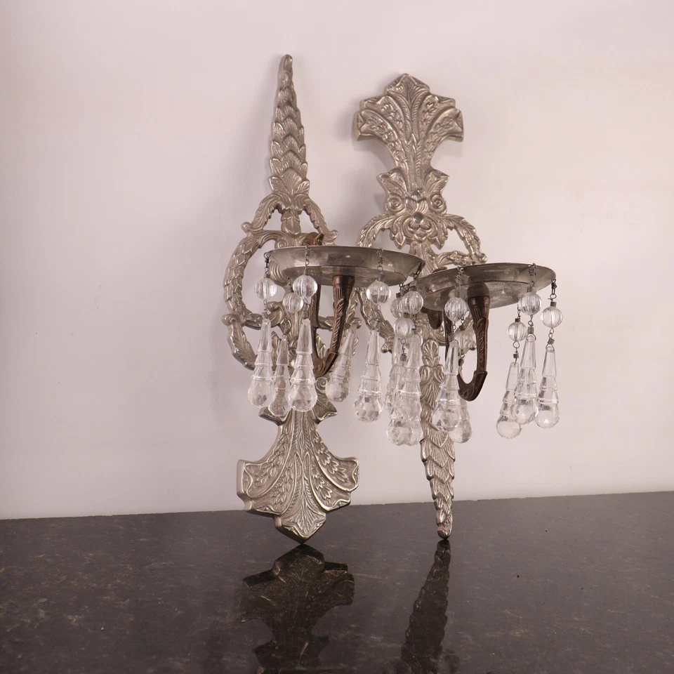 Antique Pair of Silver Plated Candelabra Single Candle Wall Sconce Pendants - Image 4 of 4