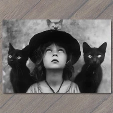 POSTCARD Girl Black Cat Weird Creepy Pet Old Vibe Unusual Cute Scary Strange Fun