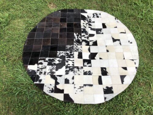 Real Cowhide Area Rug Patchwork Black White Geometric Cow Hide Skin Print Rug - Picture 1 of 4