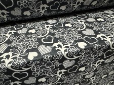 Soft Handle Stretch Jersey Fabric, Per Metre - Hearts & Flowers Print - Black