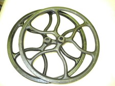 VINTAGE SET 2 STEAMPUNK CAST IRON PULLEY - BELT WHEELS, GOOD PAINT, NICE, CLEAN