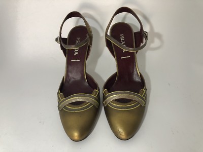 靴 PRADA BROWN&GOLD Buckle Slingback Heels Prada Burnished Gold Retro Slingback Heels 38.5 | eBay