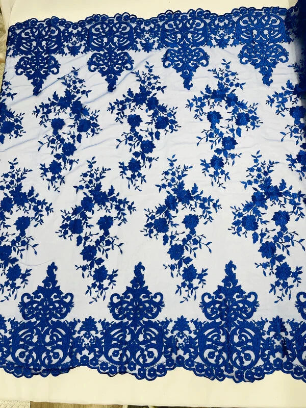 Royal Blue Lace Fabric Flower Small Rose and Leaf Embroidered Lace Fabric Yard