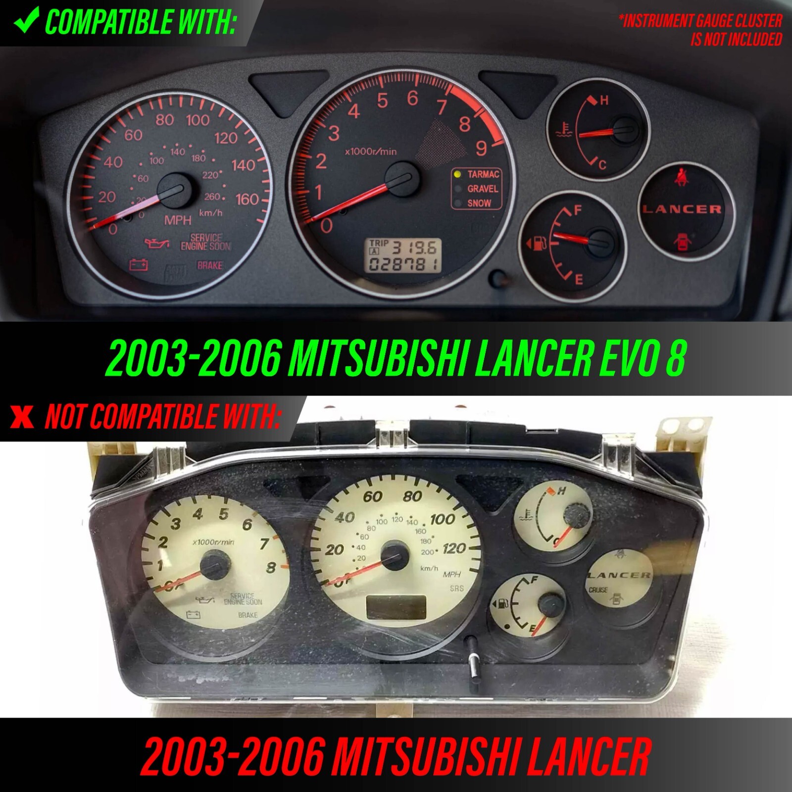 Ferrari Style Glow Gauge RED Overlay For 03-06 Mitsubishi Lancer EVO 8