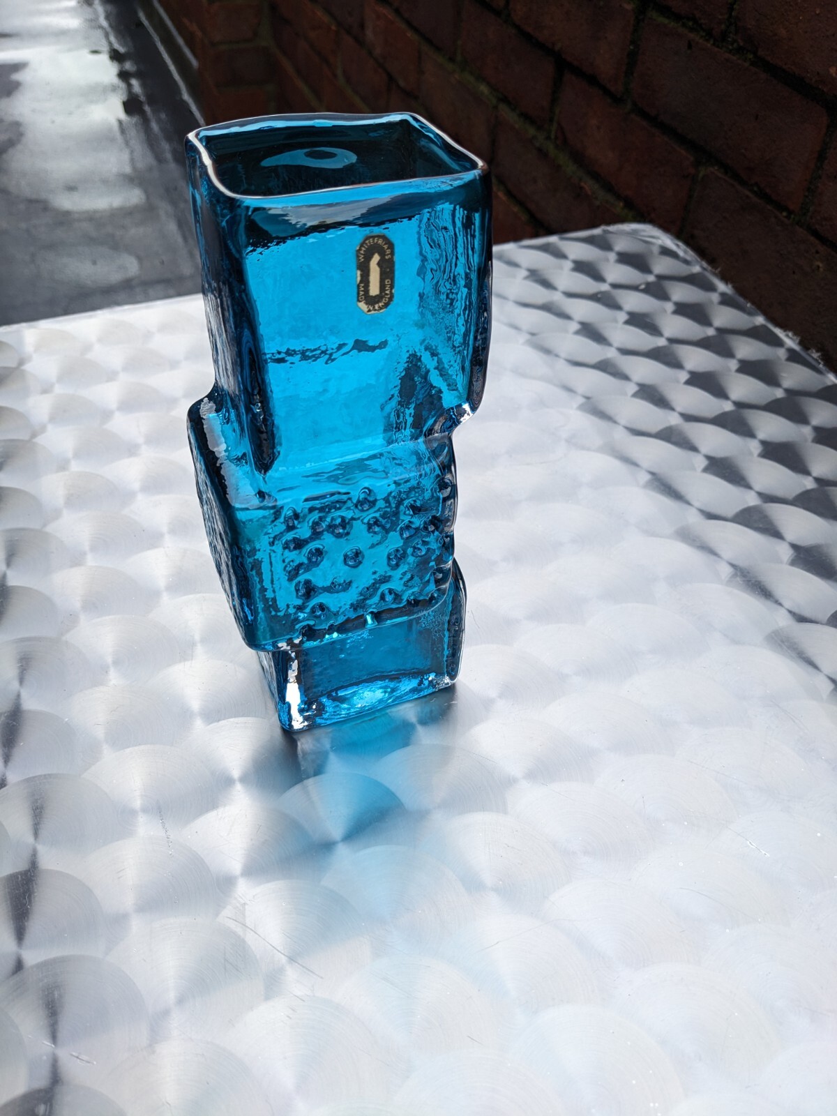 Whitefriars Drunken Bricklayer vase in Kingfisher Blue, Original label