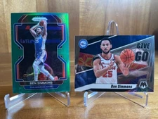 2021-22 Prizm Ben Simmons Green Prizm  #199 + 2019/20 Mosaic Give & Go #2 76ers