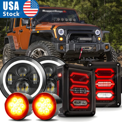 For Jeep Wrangler JK 07-18 Combo 7'' Halo Led Headlights Turn Signals Tail Lights