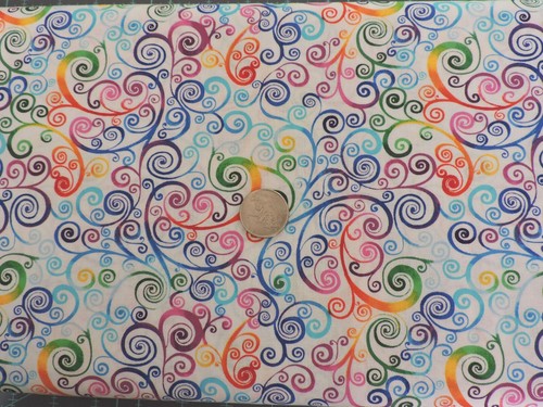 100% Quilting Cotton Fabric Rainbow Colored Scrolls on White - By the Yard