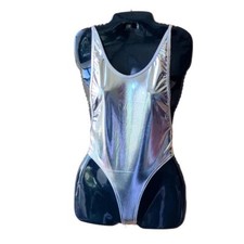 Silver adjustable strap thong bodysuit swimsuit, One Size