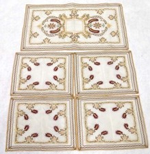 Syrian Table Runner 4 Placemats "Aghabani" Metallic Gold & Red Thread Embroidery