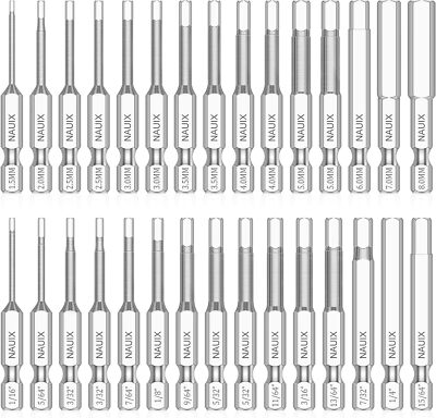 30 Piece Hex Head Allen Wrench Drill Bit Set, 1/4 Inch Hex Shank Metric and SAE 