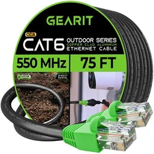 RJ45 Cat6 Ethernet Patch Cable 10Gbps Outdoor UV Resistant 75ft Black