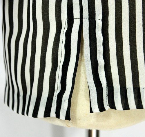 Vintage RD2 Black White Stripes Puff Sleeve V Neck Sheer Blouse Top Tunic L 80s - Picture 4 of 7