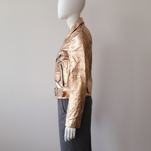 ZARA PIG LEATHER BIKER JACKET COAT XS 34 USA2 UK6 ROSE GOLD METALLIC ZIP BELTED - Picture 5 of 18