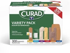 Curad Assorted Bandages Variety Pack, 300 Pieces - Antibacterial, Heavy Duty 