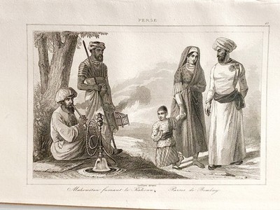 PERSISCHE GRAVUR '' MOHAMMEDANER RAUCHT KALIOUM - PERSES DE BOMBAY ''