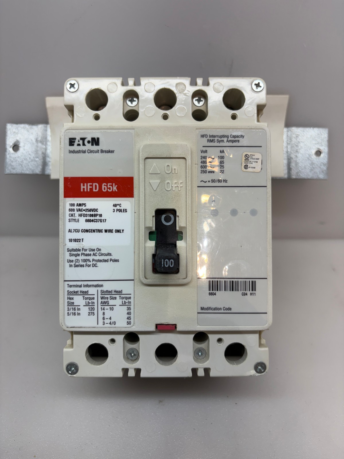 Eaton HFD3100BP10 100A 3-Pole 600VAC Circuit Breaker Free Shipping