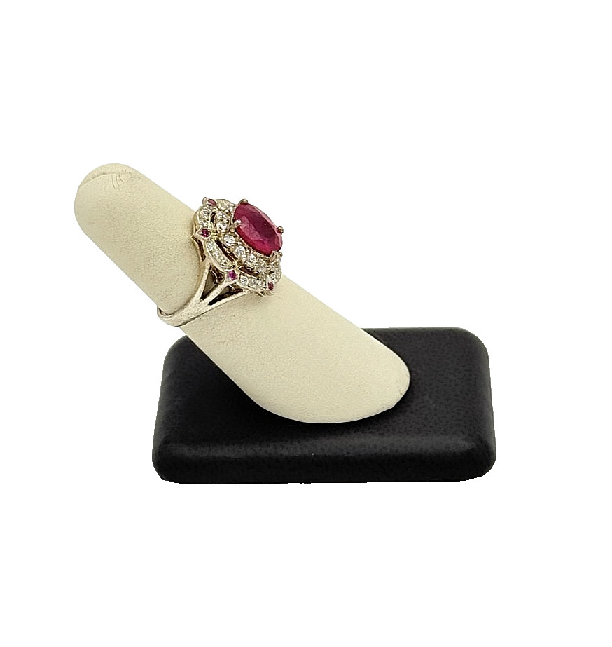 925 Sterling Silver Synthetic Ruby & CZ Ring - Si… - image 2