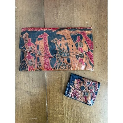 Genuine Leather Boho Tribal Artistic Giraffe Print Clutch and Coin purse Set