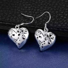 Hand Polished Filigree Heart Dangle Hook Sterling Silver Womens Earrings