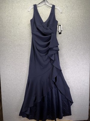 Betsy & Adam Dress Womens 4 Navy Blue Ruched Ruffle Maxi Mermaid Gown Formal