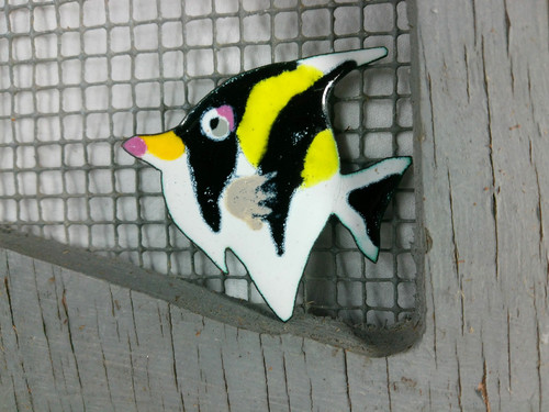 Vtg Artisan Hand Painted Enamel Metal Angel Fish Bright Tropical Art Pin Brooch