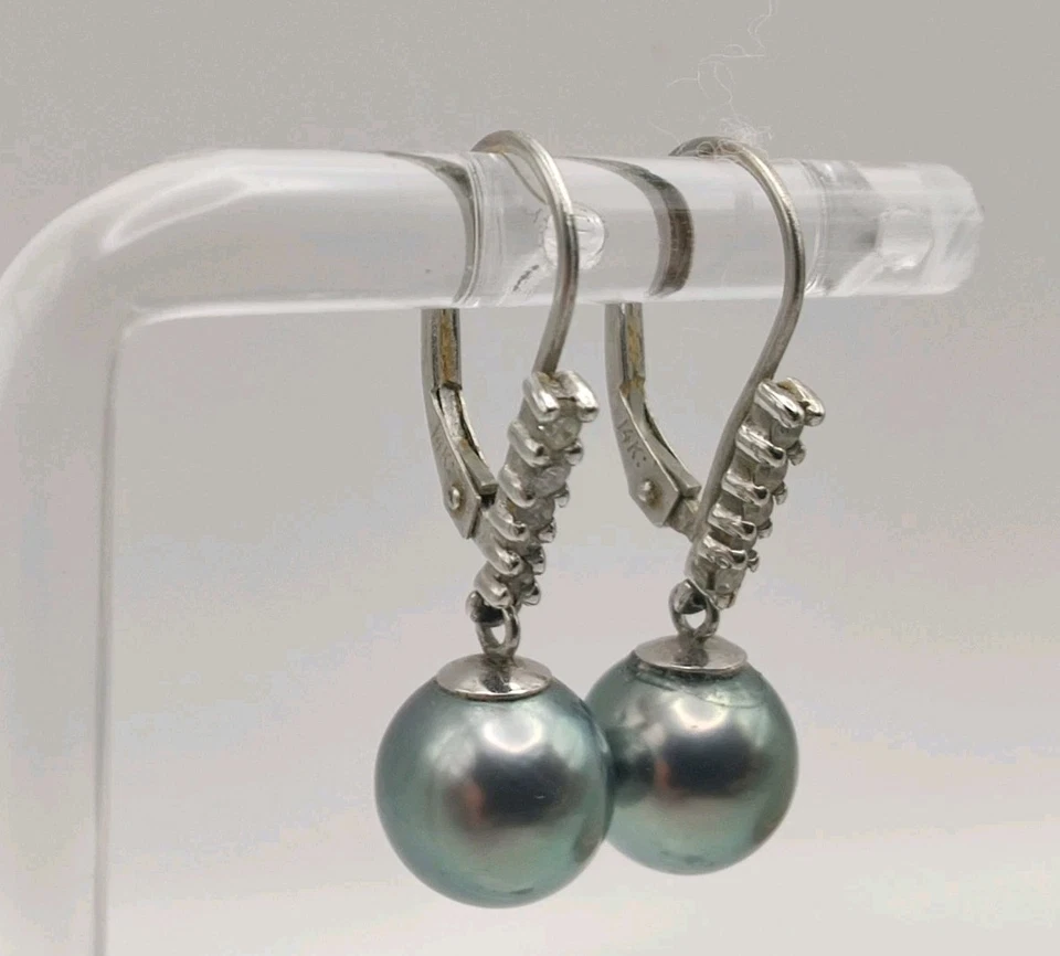 Elegant 14K White Gold Smokey Pearl & Diamond Pendant & Earring Set - Image 2 of 4