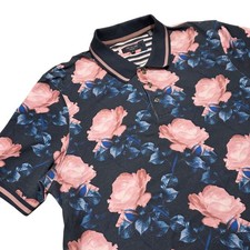 Ted Baker Floral Print Polo Shirt Short Sleeve Striped Collar Size XL Blue