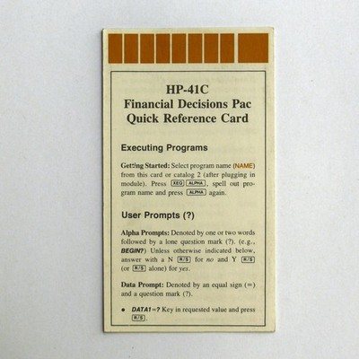 HP-41C Financial Decisions Pac Quick Reference Card