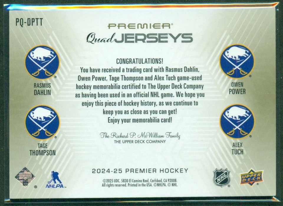 2024-25  Upper Deck PREMIER Quad Jerseys DAHLIN POWER THOMPSON TUCH /25 Sabres - Image 2 of 2